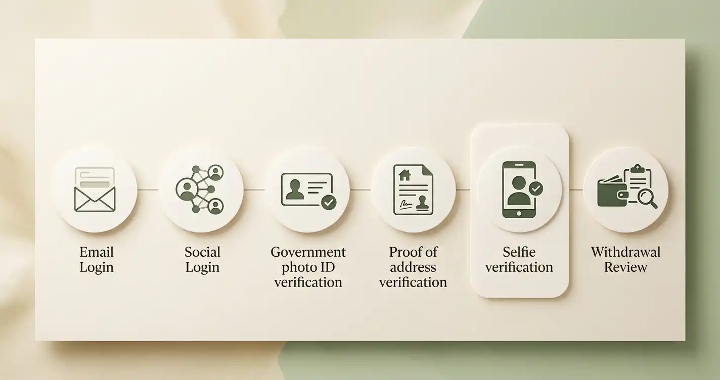 Account checklist with login, identity document, address proof and withdrawal review steps