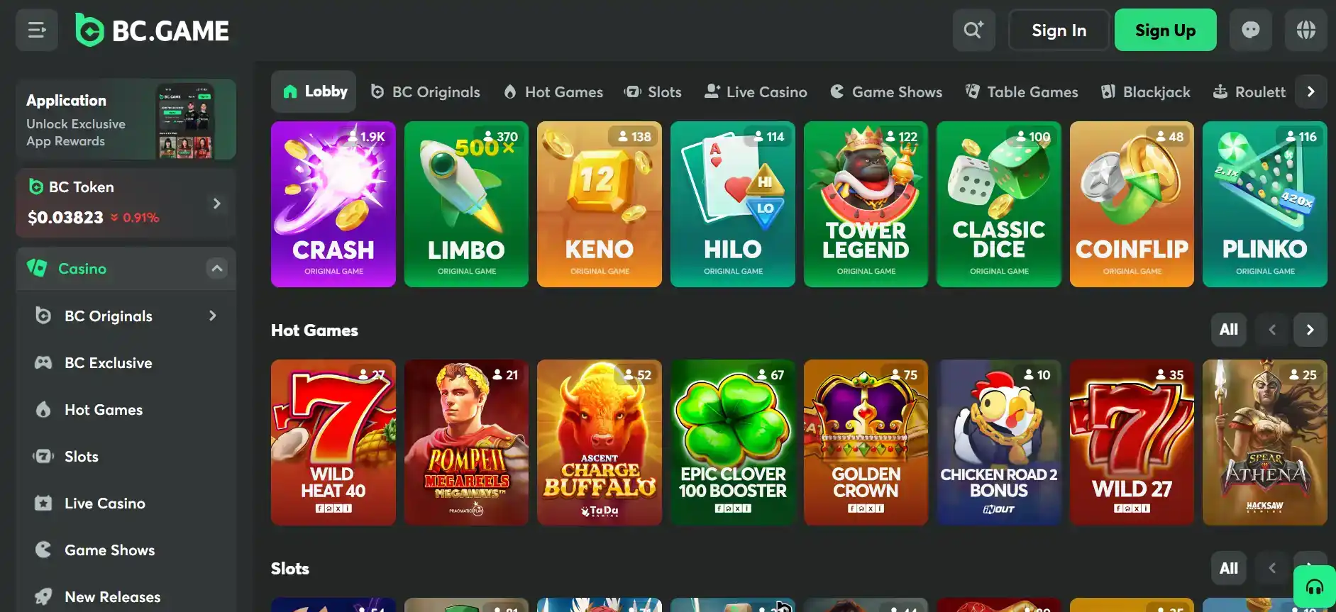 BC.Game casino lobby with game categories and navigation
