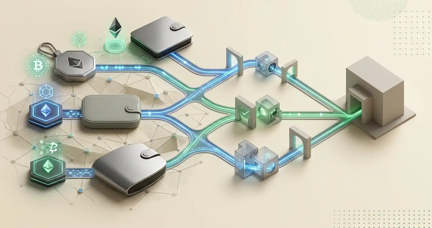 Crypto wallets connected through several blockchain network paths