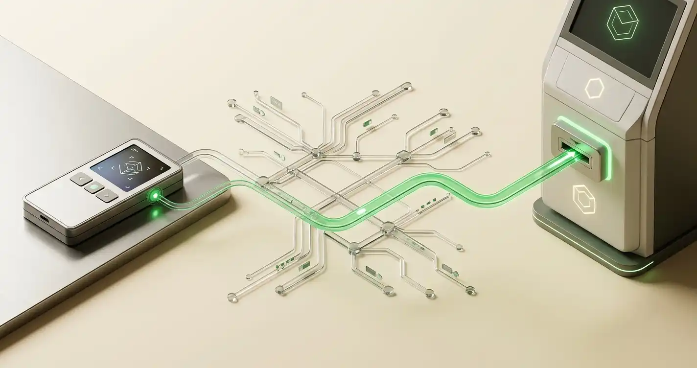 Crypto wallet connected to a deposit address through several blockchain routes