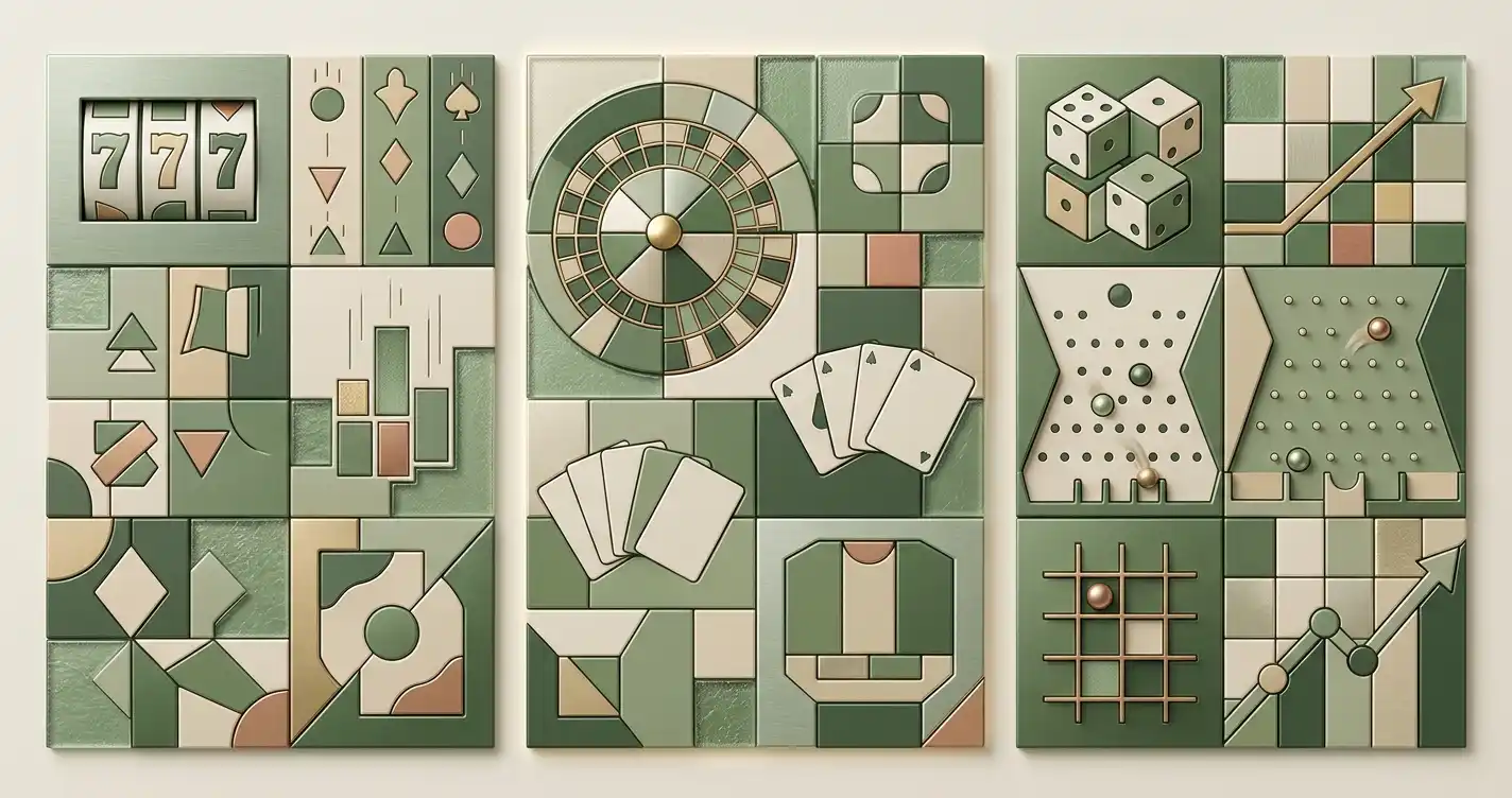 Abstract casino game tiles arranged around live tables and original game symbols