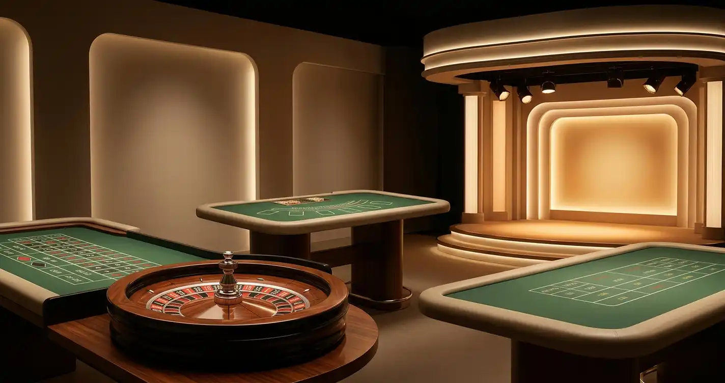 Stylized live casino table with card, wheel and studio elements