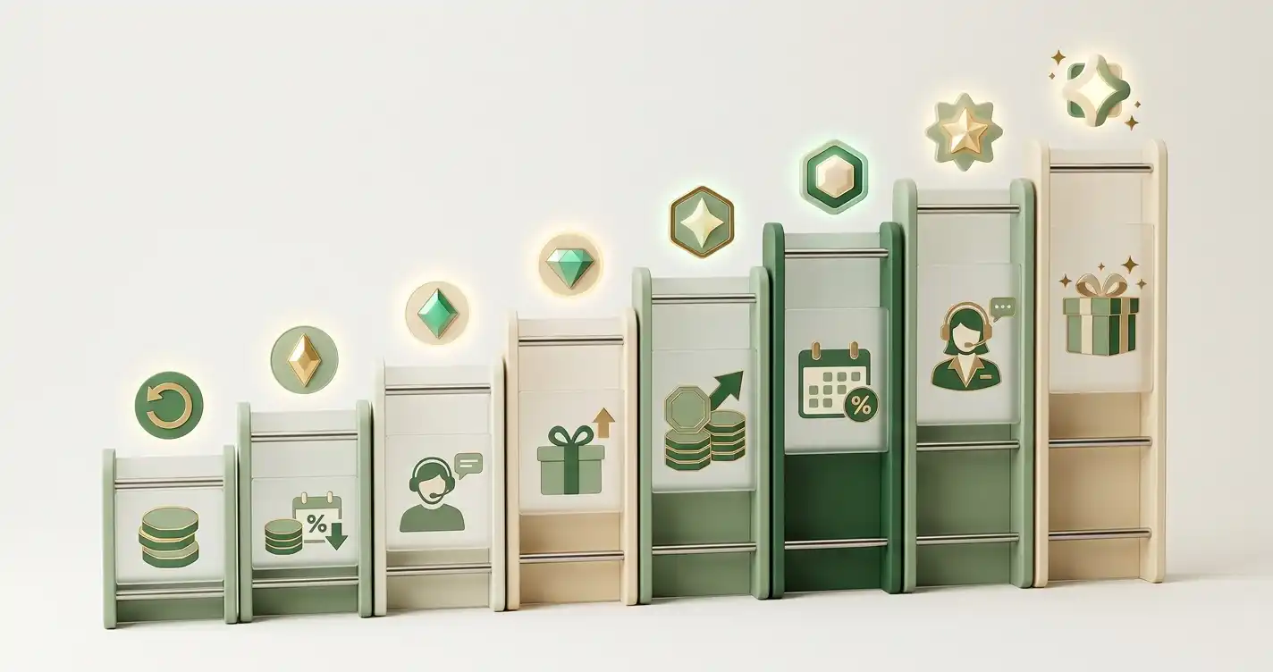 Eight-stage loyalty ladder with rakeback, cashback, host service and reward tokens