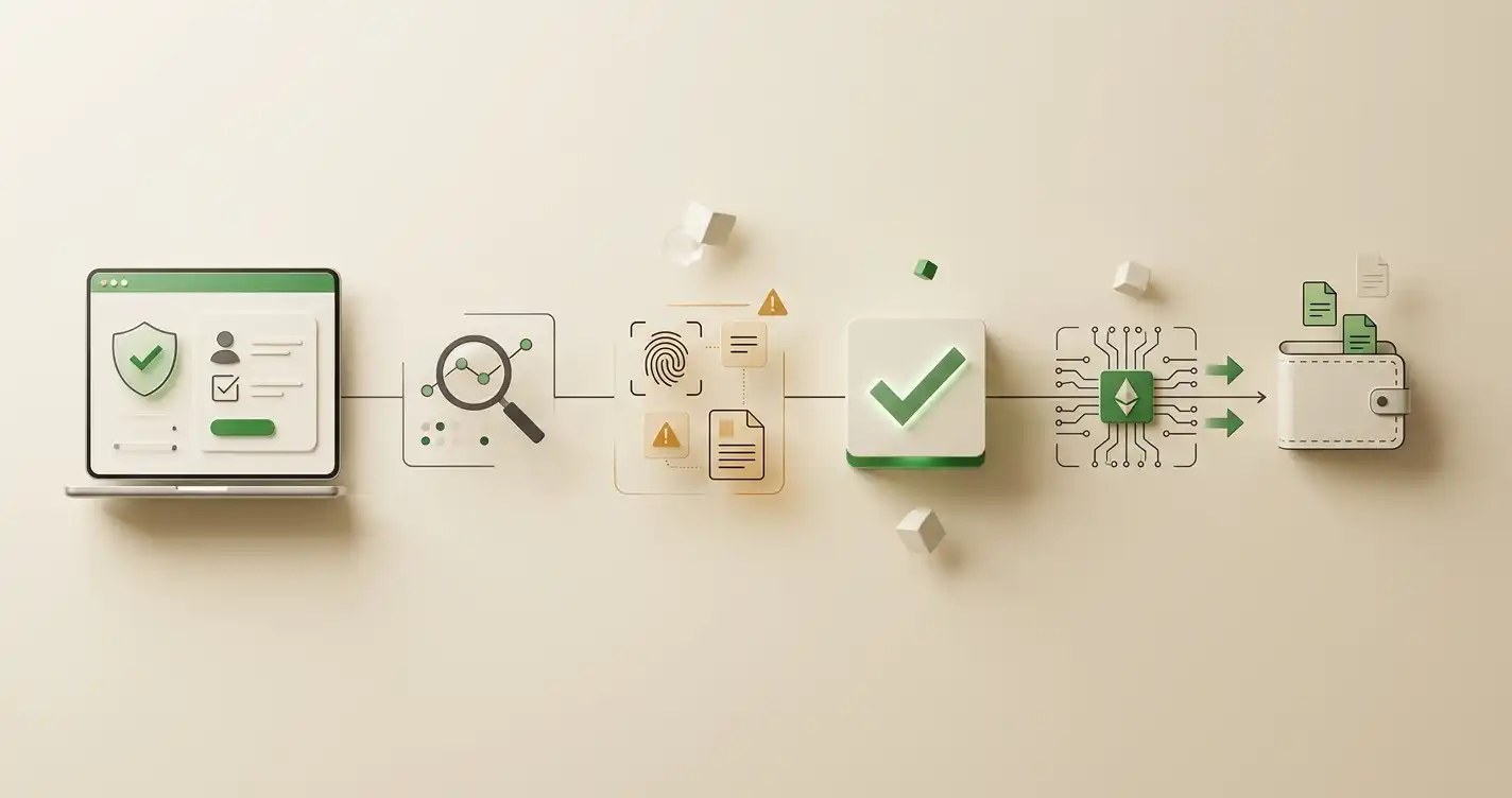 Crypto withdrawal moving through account review, approval and blockchain settlement